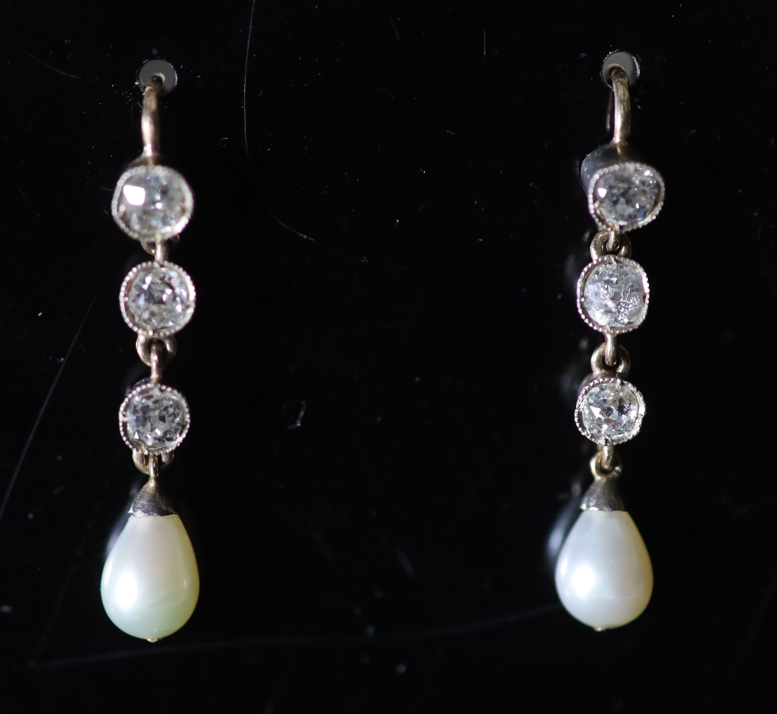 A pair of early 20th century gold and silver pear shaped cultured pearl and diamond set drop earrings